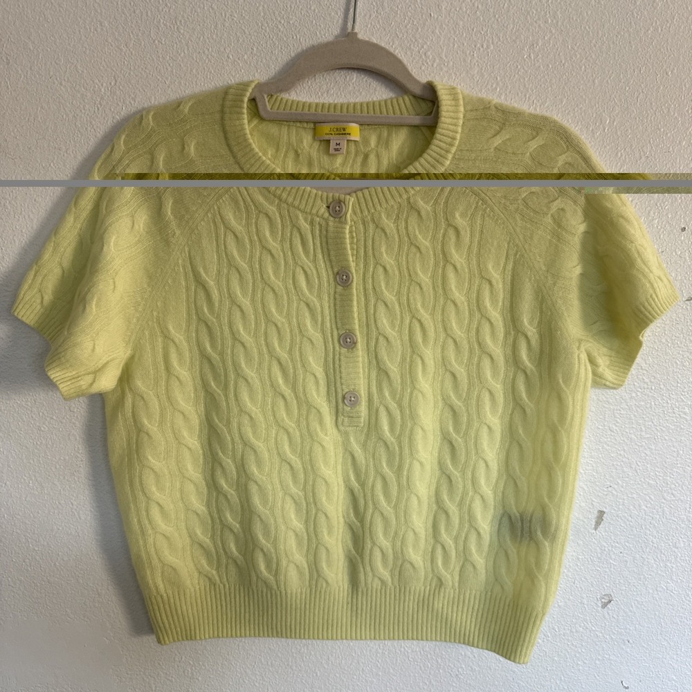 J Crew 100% Cashmere Short Sleeve Yellow Cable Knit Sweater Size Medium
